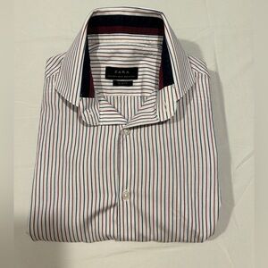 Zara Men's White Shirt with Red and Blue Stripes